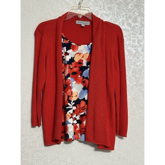 Samantha Grey Red Sweater Cardigan Attached Tank Layered Floral Look Top Sz M‎ - Picture 1 of 5